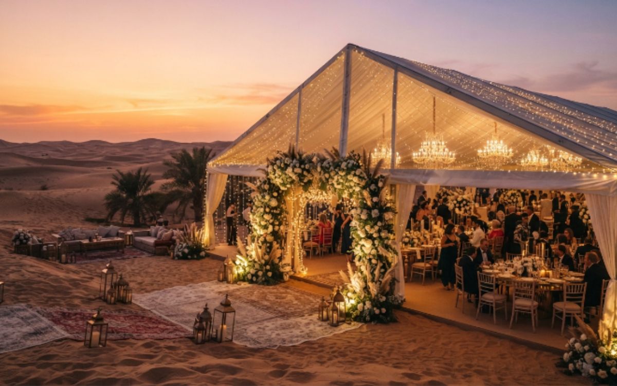 Desert wedding tent among the dunes near Dubai