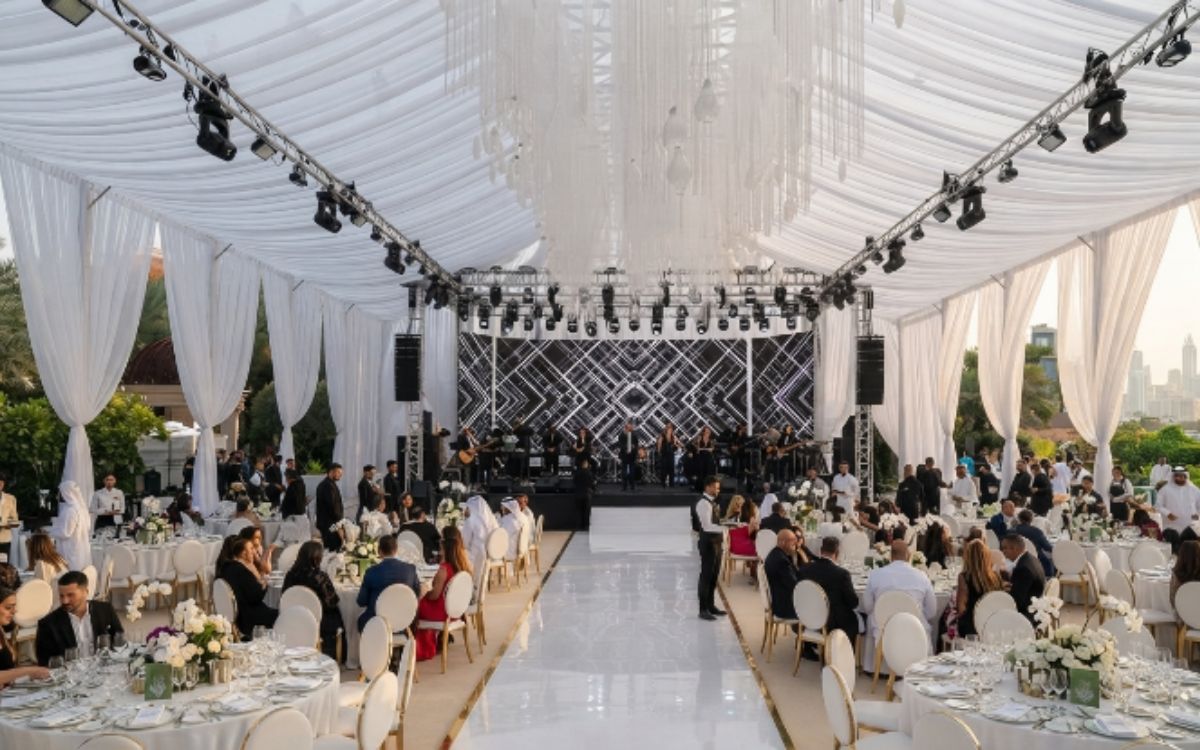 Engagement marquee interior styled for a celebration in Dubai