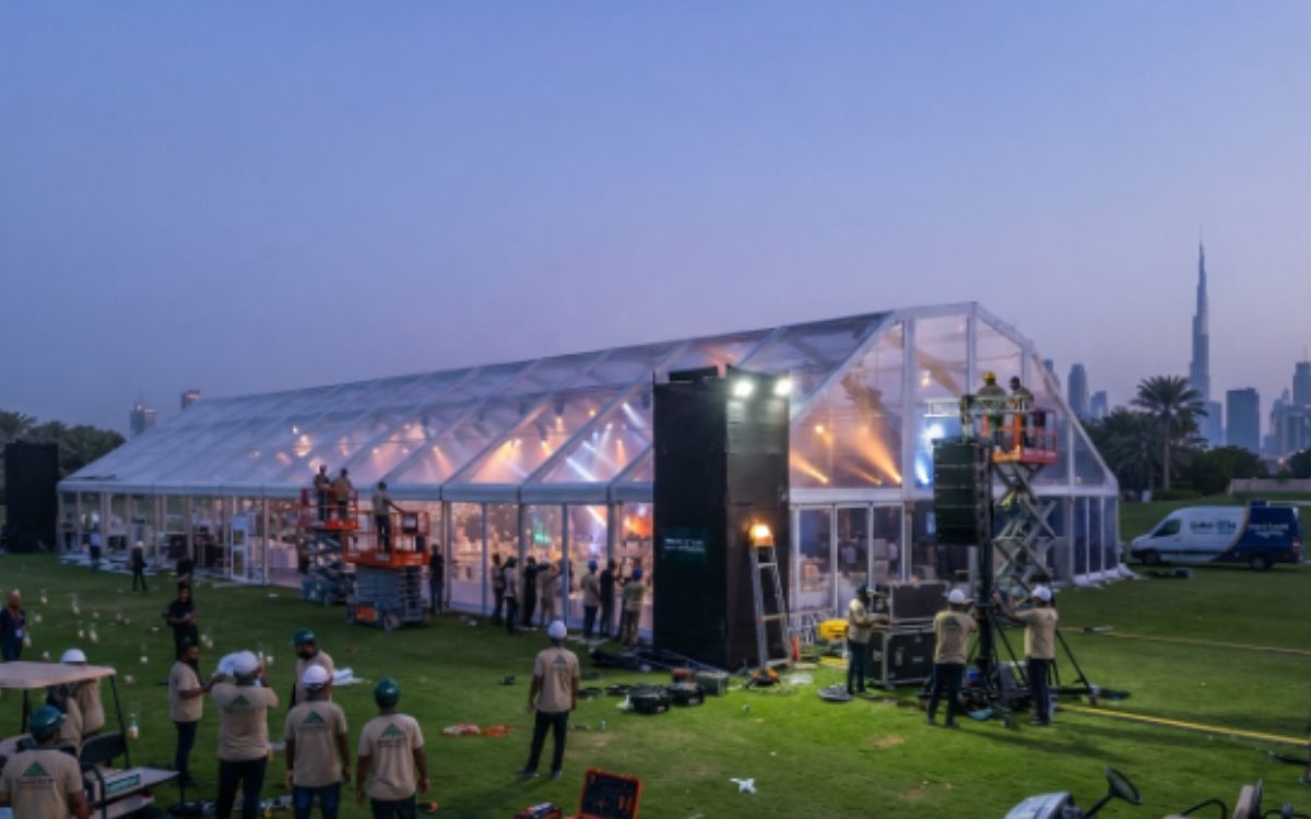 Marquee and tent hire team setting up an event in Dubai