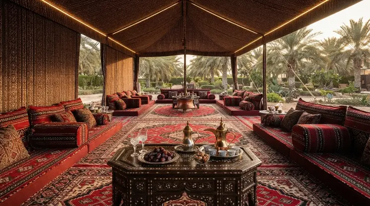Traditional Sadu textiles and floor seating in a Dubai majlis tent