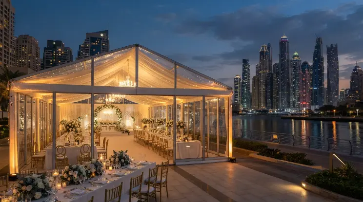 Waterfront marquee setup in Dubai Marina